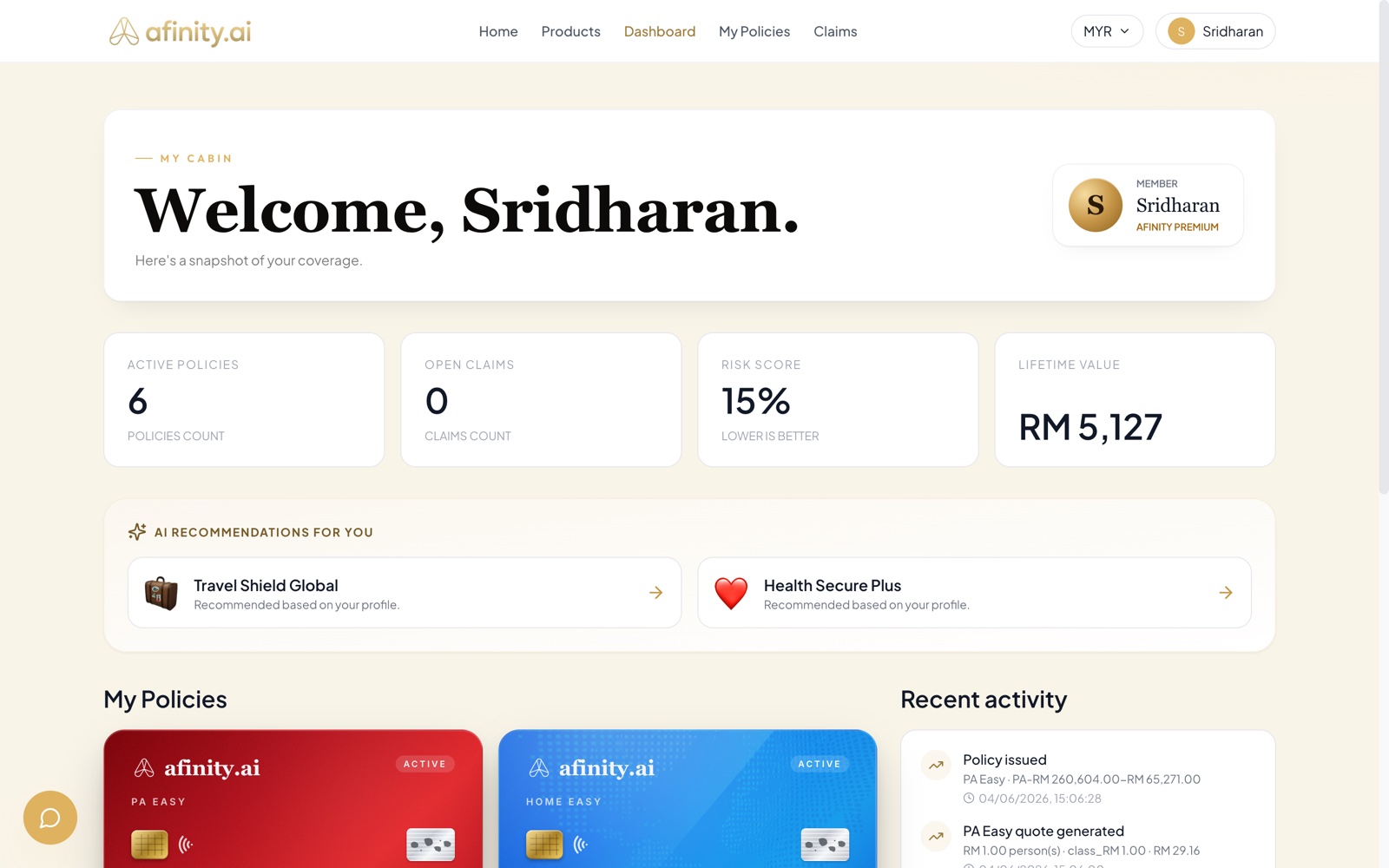 AI Insurance Software dashboard